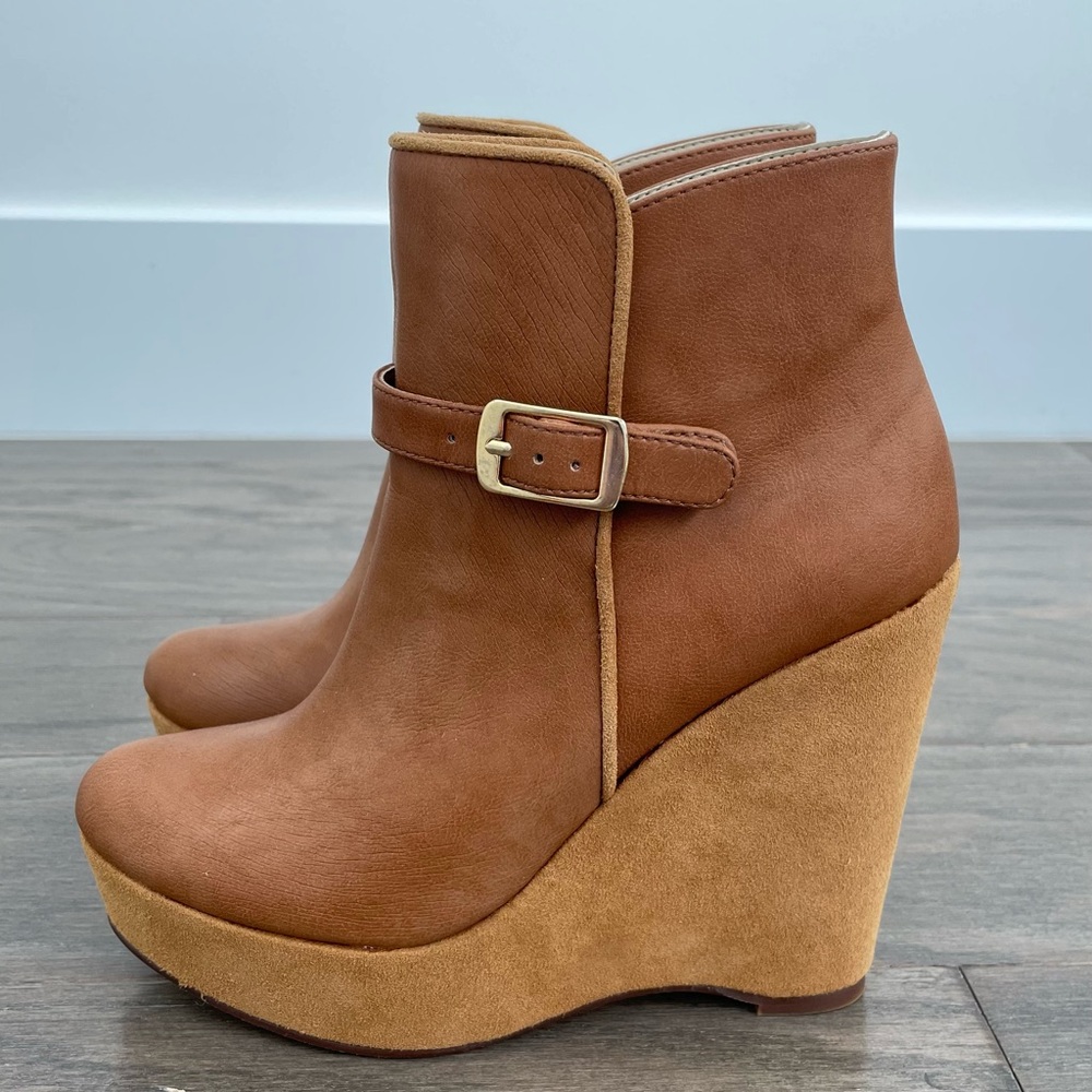 Stella McCartney Tan Wedge Ankle Booties with buckle detail, size 36